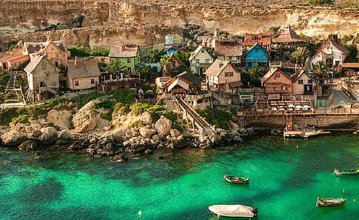 море, пейзаж, природа, камни, скалы, дома, лодки, деревня, залив, Мальта, HD обои HD wallpaper