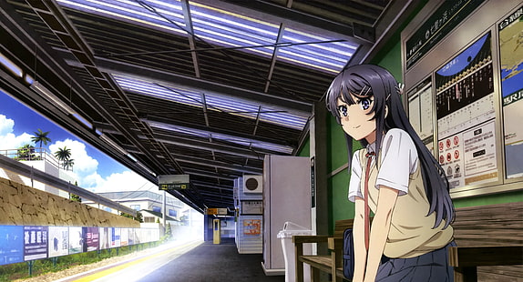 Anime, Rascal Tidak Memimpikan Senpai Gadis Kelinci, Gadis, Mai Sakurajima, Stasiun Kereta Api, Wallpaper HD HD wallpaper