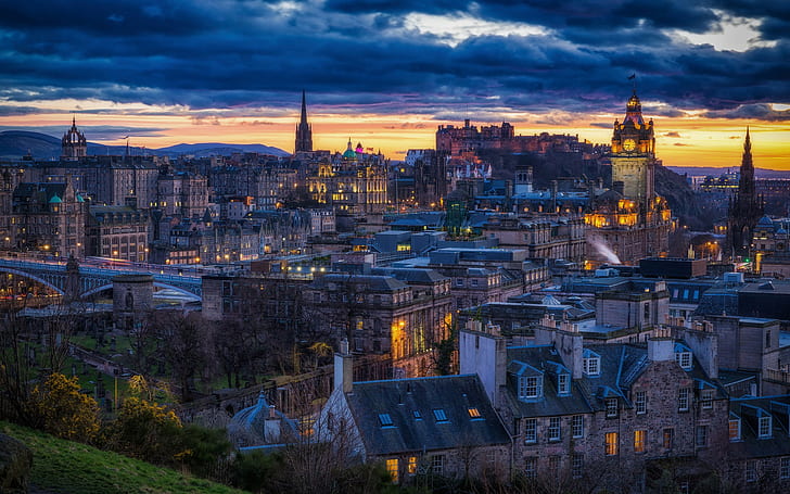 Scozia, città, Edimburgo, foto aerea di Londra, nuvole, città, sera, casa, luce, Edimburgo, Scozia, Sfondo HD