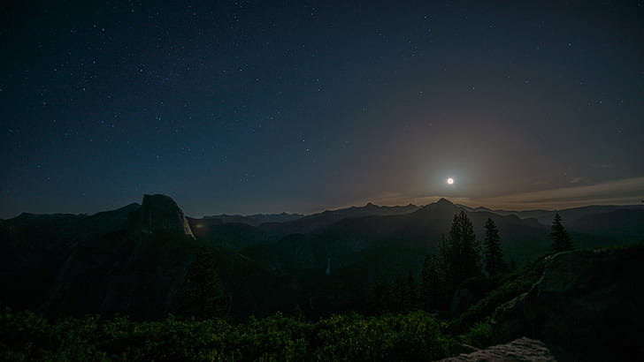 ทิวทัศน์ธรรมชาติกลางคืนดวงจันทร์ต้นไม้ภูเขาและดวงจันทร์ภูมิทัศน์ธรรมชาติกลางคืนดวงจันทร์, วอลล์เปเปอร์ HD