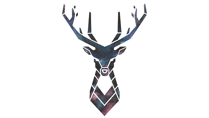 buck head artowrk, white  background, deer, galaxy, simple, HD wallpaper