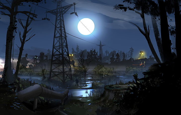 grauer Stahlturm, Nacht, Rohr, der Mond, Sumpf, Soldaten, Stalker, Bereich, Ukraine, STALKER 2, HD-Hintergrundbild