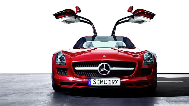 röd Mercedes-Benz gullwing dörrbil, Mercedes-Benz, Mercedes-Benz SLS AMG, Mercedes AMG Petronas, bil, röda bilar, fordon, vit bakgrund, HD tapet