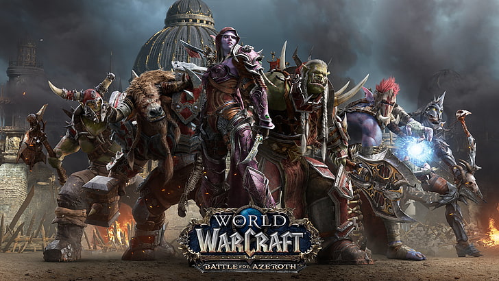 World of Warcraft: Battle for Azeroth, video game, karya seni, Sylvanas Windrunner, Orc, troll, Blood Elf, Taurens, gerombolan, Warcraft, World of Warcraft, Blizzard Entertainment, Wallpaper HD