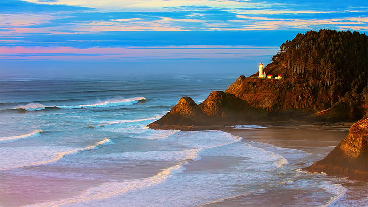 coast, beach, waves, lighthouse, Oregon, landscape, HD wallpaper