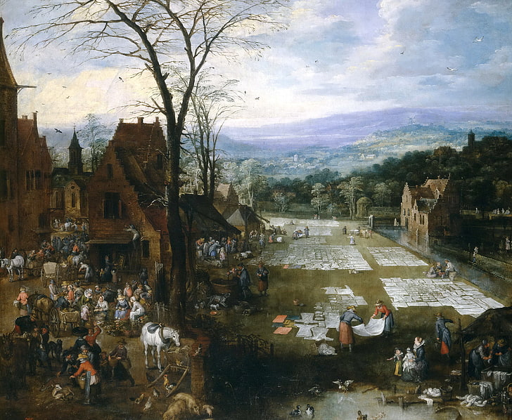 trees, landscape, mountains, home, picture, genre, Jan Brueghel the elder, The bleaching of the Canvas near the Market in Flanders, HD wallpaper