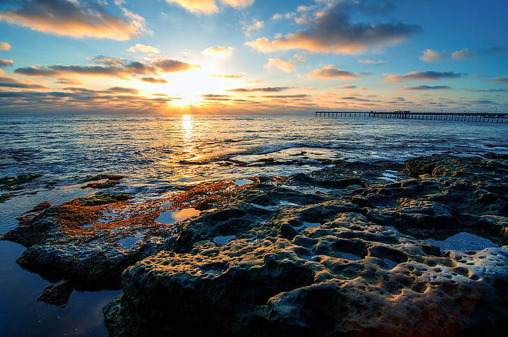 Ocean Beach брегова линия, Сан Диего, природа, Ocean Beach брегова линия, Сан Диего, Калифорния, САЩ, Калифорния, брегова линия, небе, слънце, облаци, HD тапет