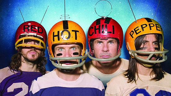 Обои Red Hot Chili Pepper, красные острые перцы чили, группа, участники, шлемы, слова, HD обои HD wallpaper