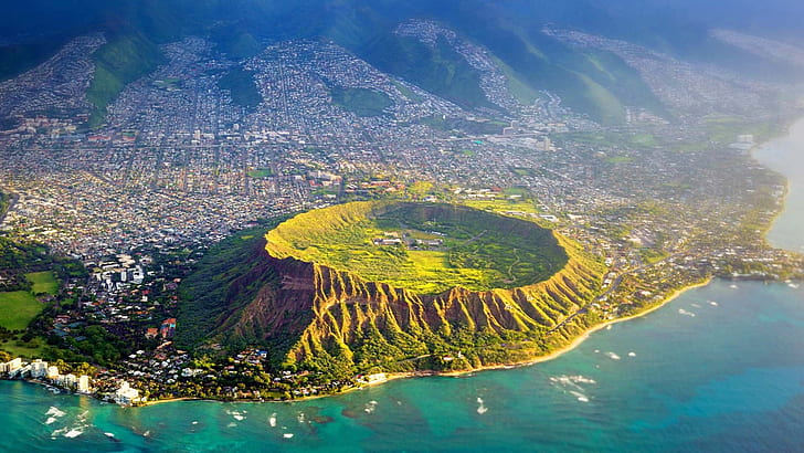 Diamond Head, Oahu, Hawaii, USA, vue de dessus, cratère marron et vert, Diamond, Head, Oahu, Hawaii, USA, Top, View, Fond d'écran HD