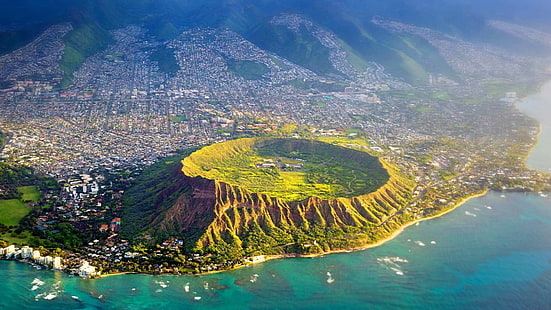 Diamond Head, Oahu, Hawaii, USA, ovanifrån, brun och grön krater, Diamond, Head, Oahu, Hawaii, USA, Top, View, HD tapet HD wallpaper
