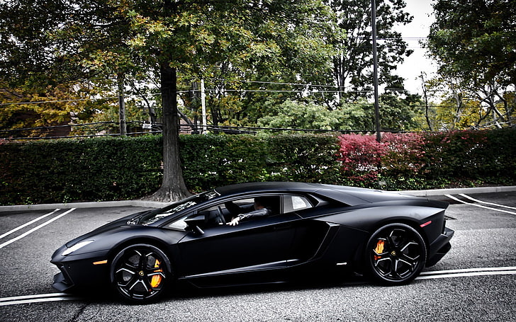 black sports coupe, Lamborghini Aventador, car, Lamborghini, HD wallpaper