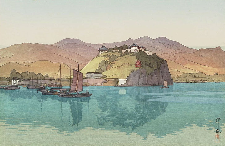 جبل بالقرب من جسم مائي ، يوشيدا هيروشي ، عمل فني ، ياباني ، رسم ، جبال ، ماء ، قارب، خلفية HD