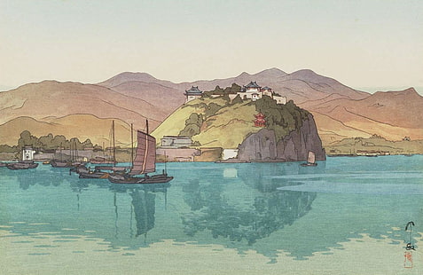 montagna vicino allo spo d'acqua, Yoshida Hiroshi, opera d'arte, giapponese, pittura, montagne, acqua, barca, Sfondo HD HD wallpaper
