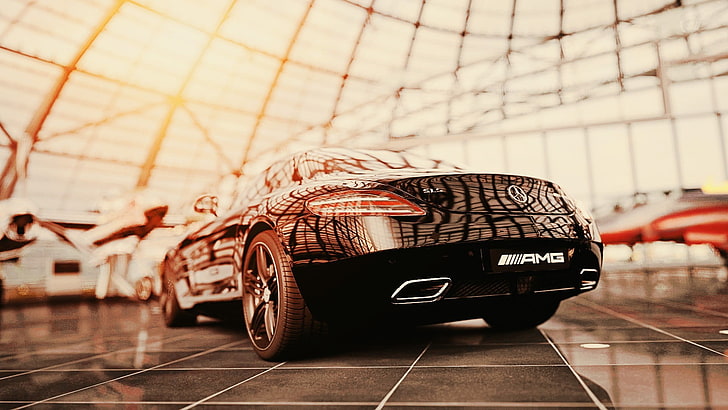 black Mercedes-Benz sports car in close-up photography, Mercedes-Benz, supercars, car, HD wallpaper