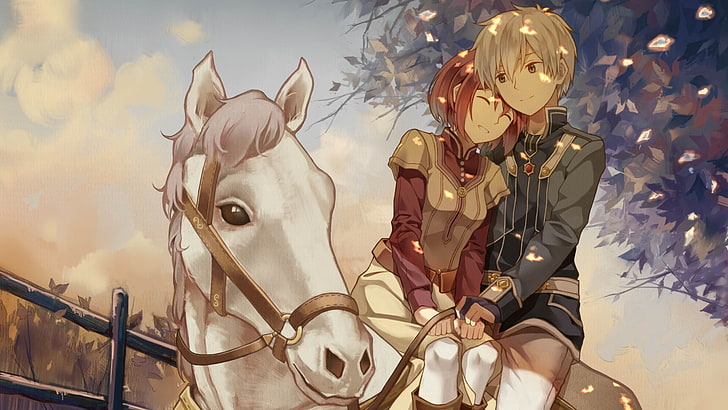 hombre y mujer montando a caballo arte digital de anime, Akagami no Shirayuki-hime, caballo, Zen Wistalia Clarines, Shirayuki, Fondo de pantalla HD