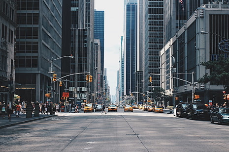 회색 콘크리트 도로, 도시 풍경, 거리, 택시, 신호등, 건물, 자동차, 도시, HD 배경 화면 HD wallpaper