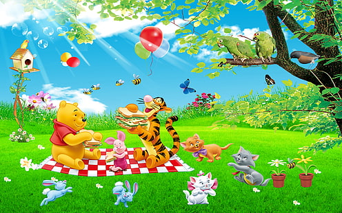 Cartoon Tigger Piglet และ Winnie The Pooh Picnic Summer Nature Toast Sndvich วอลเปเปอร์ Full HD 1920 × 1200, วอลล์เปเปอร์ HD HD wallpaper