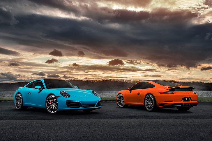 911, Porsche, Orange, Blue, Front, Carrera, Supercars, Rear, 2017, HD wallpaper