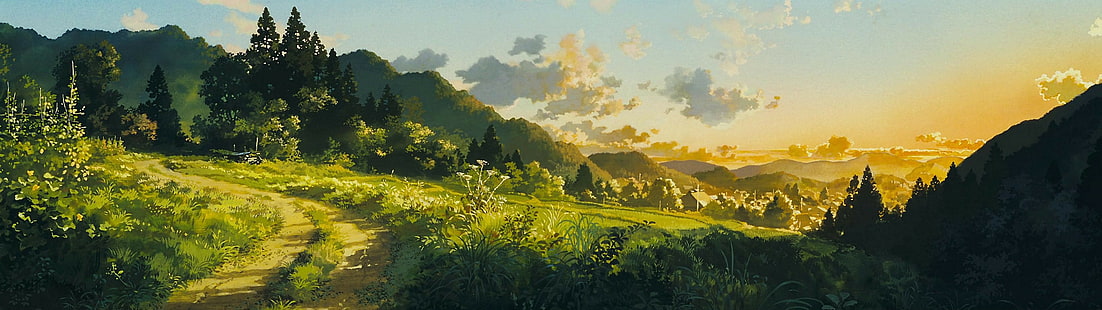 множественный дисплей, путь, произведение искусства, только вчера, студия Ghibli, HD обои HD wallpaper