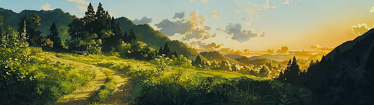 mountains, green grass field and mountain range during daytime, Studio Ghibli, Only Yesterday, multiple display, artwork, path, HD wallpaper