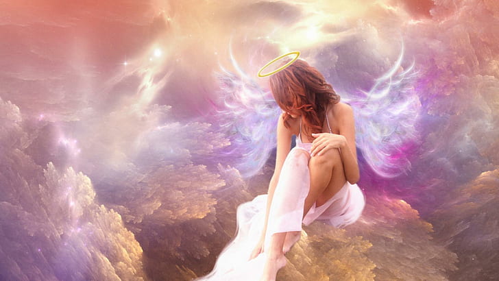 Ange Du Ciel, 빨간 머리 천사 그림, nuage, 장미, 팜므, 에일 즈, 3d 및 초록, HD 배경 화면