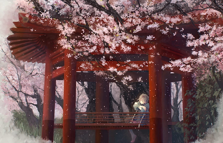 anime, flowers, girls, nature, spring, trees, HD wallpaper