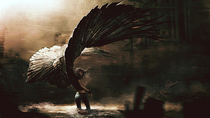 fondo de pantalla de ángel negro, pintura de mujer con alas, arte digital, ángel caído, dibujo, arte de fantasía, alas, ángel, mujeres, oscuro, Fondo de pantalla HD