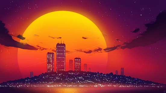 Kvacm ศิลปะดิจิตอล ดิจิตอล งานศิลปะ ภาพประกอบ cityscape ภูมิประเทศ พระอาทิตย์ตก Retro Wave synthwave ดวงอาทิตย์ เมือง ตึกระฟ้า แสงไฟของเมือง, วอลล์เปเปอร์ HD HD wallpaper