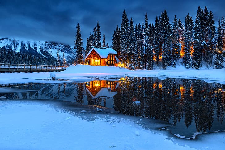 winter, cabin, night, house, lake, water, trees, snow, landscape, HD wallpaper