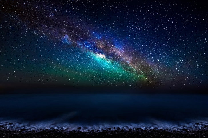 Earth, Sky, Blue, Milky Way, Night, Ocean, Starry Sky, Stars, HD wallpaper