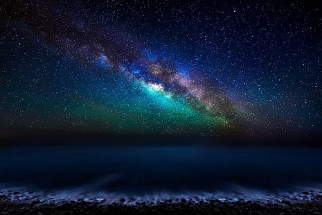 地球、空、青、天の川、夜、海、星空、星、 HDデスクトップの壁紙 HD wallpaper
