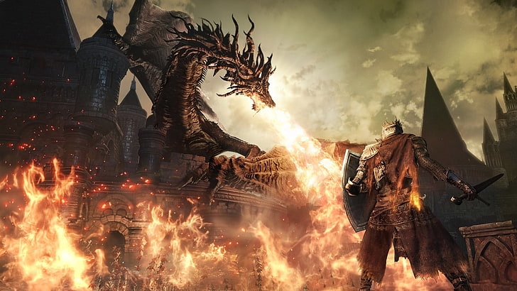 цифровые обои воин и дракон, Dark Souls, Dark Souls III, видеоигры, рыцарь, дракон, огонь, HD обои