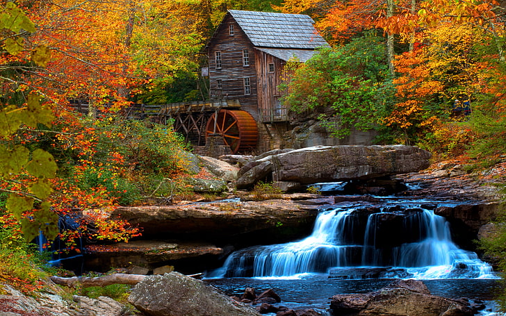 Old Wooden Mill Water Flow Rock Waterfall Hd Wallpaper For Desktop, HD wallpaper