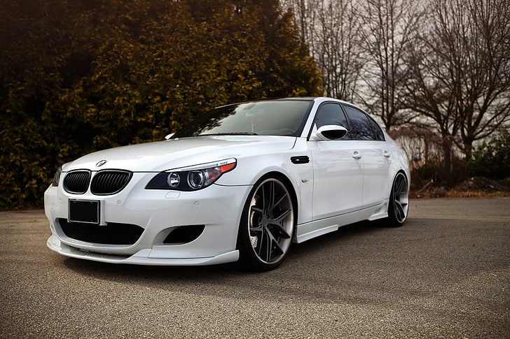 srebrny BMW E60 sedan, biały, drzewa, tuning, BMW, sedan, e60, Tapety HD