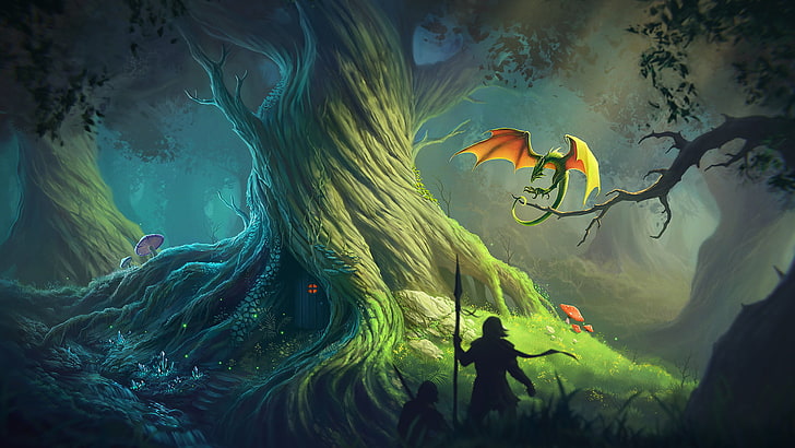 Ilustración del juego, arte digital, bosque, dragón, arte de fantasía, Fondo de pantalla HD
