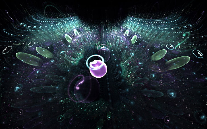 ilustrasi gelembung hijau dan ungu, fraktal, cahaya, bayangan, gelap, bunga, Wallpaper HD