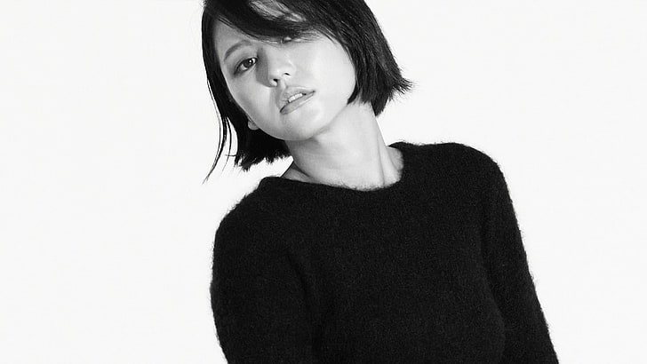 Masami Nagasawa, asiático, mulheres, tops pretos, franja, monocromático, fundo simples, HD papel de parede