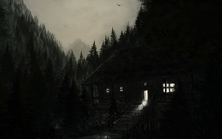 나무 그림, 흑백, 비에 둘러싸인 갈색 집, HD 배경 화면