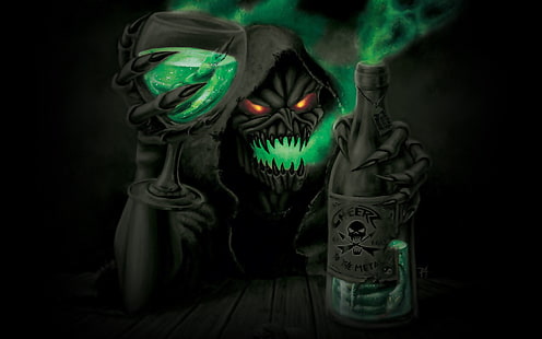 reaper holding bottle and footed glass digital wallpaper, digital art, skull, skeleton, Grim Reaper, death, red eyes, glasses, bottles, HD wallpaper HD wallpaper