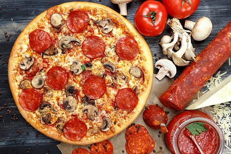 pizza, jedzenie, kiełbasa, pomidory, Tapety HD HD wallpaper
