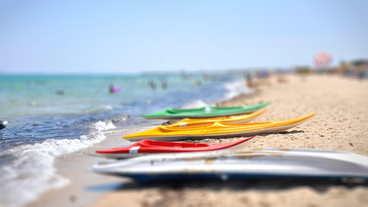 four assorted-color kayaks, beach, blurred, outdoors, kayaks, sand, HD wallpaper