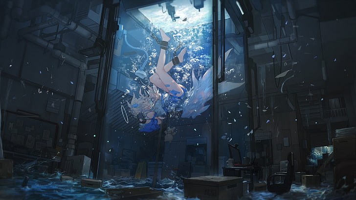 Fondo de pantalla de personaje de anime femenino, agua, cadenas, alas, bajo el agua, descalzo, Miv4t, Fondo de pantalla HD