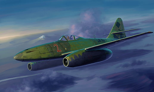 ภาพประกอบเครื่องบินเจ็ทสีเขียวท้องฟ้ารูปเครื่องบินขับไล่ Messerschmitt เครื่องบินเจ็ทสงครามโลกครั้งที่สองเยอรมัน Me.262 A-1a เครื่องบินทิ้งระเบิดและเครื่องบินลาดตระเวน 