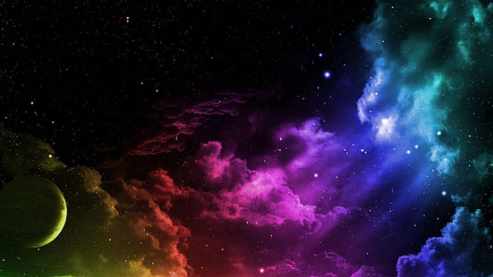 nebula, fantas space art, universe, sky, rainbow colored, multicolored, colorful, planet, space art, visual effects, galaxy, HD wallpaper HD wallpaper