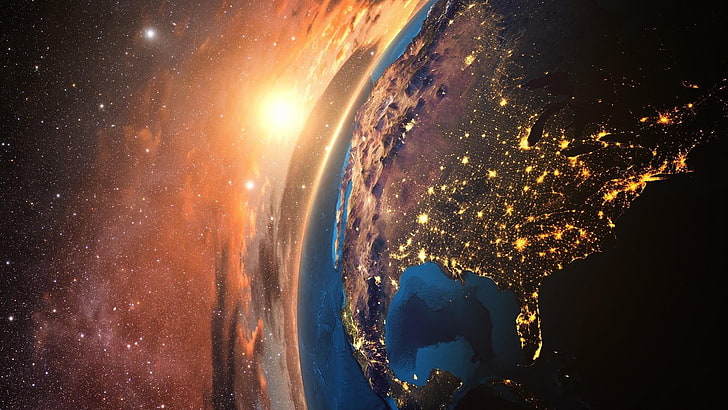 Erde, Sterne, Lichter der Stadt, Kosmos, Universum, Festland, Kontinent, HD-Hintergrundbild
