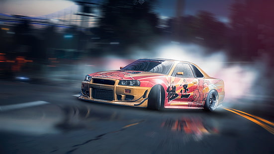 drift, Nissan, GT-R, tuning, Skyline, R34, Need For Speed, game art, av Zakon X, HD tapet HD wallpaper