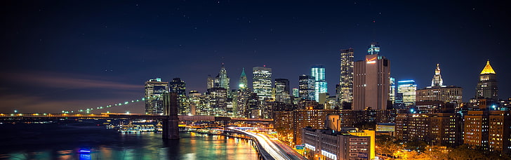 городской горизонт, Нью-Йорк, город, ночь, огни, длительная выдержка, Бруклинский мост, несколько дисплеев, два монитора, HD обои