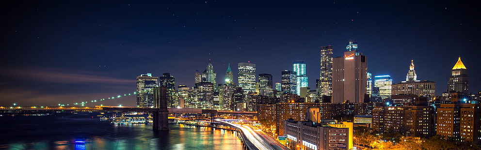 городской горизонт, Нью-Йорк, город, ночь, огни, длительная выдержка, Бруклинский мост, несколько дисплеев, два монитора, HD обои HD wallpaper