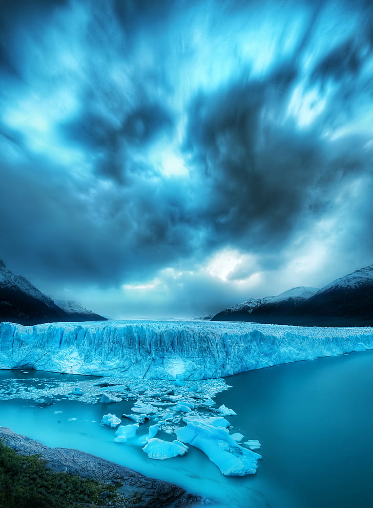 white ice cap, Massive, Glacier, Dusk, white, ice cap, Patagonia, Argentina, El Calafate, perito  moreno, ice  cold, cold  water, lago  argentino, HDR, High  Dynamic  range, photography, stuck, customs, Nikon  d3x, march, color, outdoor, day, wilderness, landscape, world  travel, south  America, los  glaciares  national  park, santa  cruz, wild, hike, hiking, glacial, dangerous, clouds, natural, icy, lake  mountain, scenery, scenic, frozen, sky, photograph, beauty, nature, water, scenics, lake, blue, ice, snow, mountain, beauty In Nature, outdoors, iceland, cold - Temperature, HD wallpaper