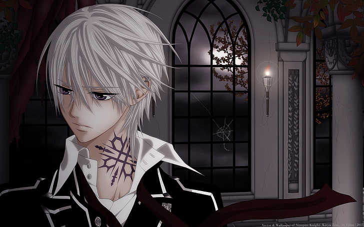 männliche Anime Charakter digitale Tapete, Vampir Ritter, Junge, blond, Tätowierung auf seinem Hals, Blick, Gedanken, HD-Hintergrundbild
